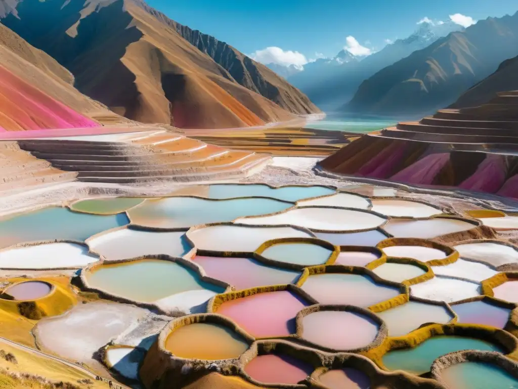 La magia de los estanques de sal en Maras, Perú, con tonos vibrantes y los Andes de fondo