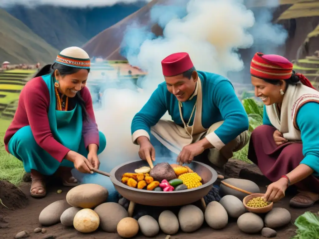 Un mágico descubrimiento de una receta tradicional Pachamanca en Perú, con chefs y comunidad feliz desenterrando el manjar