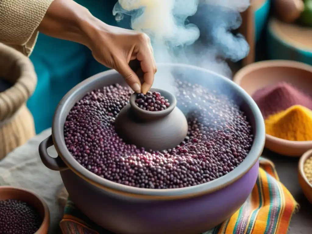 Un mágico guiso morado de maíz peruano en olla de barro, con ingredientes autóctonos y textiles coloridos, reflejando la fusión de la cocina peruana