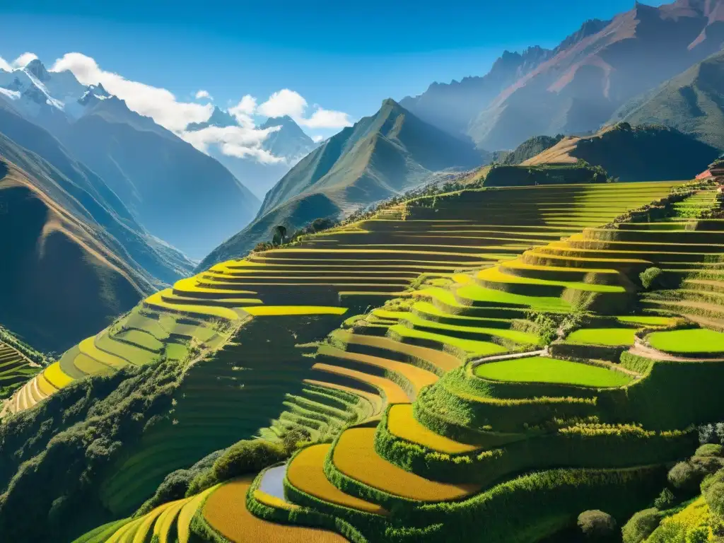 Un mágico paisaje andino con terrazas agrícolas y picos nevados, reflejando la Gastronomía peruana ingredientes autóctonos