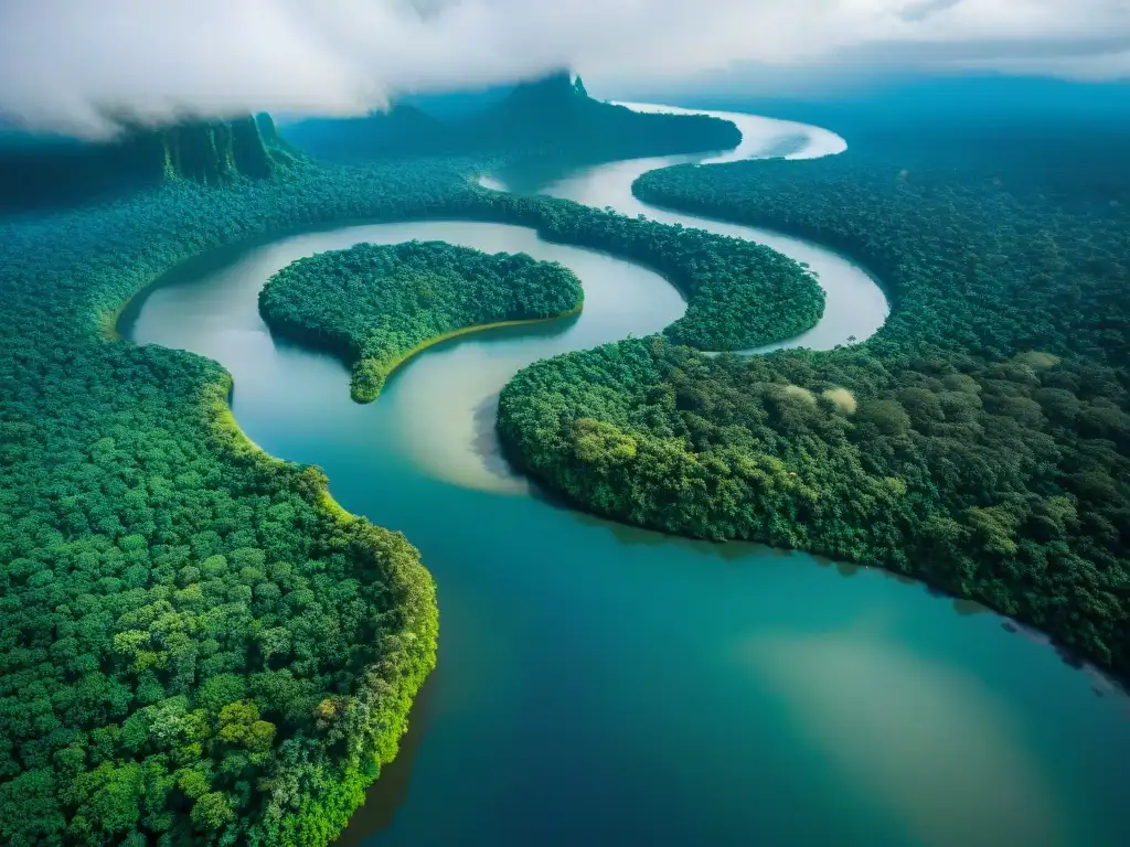 La majestuosa vista aérea del río Amazonas serpenteando entre el denso bosque verde, refleja la importancia de la dieta local y los ríos amazónicos