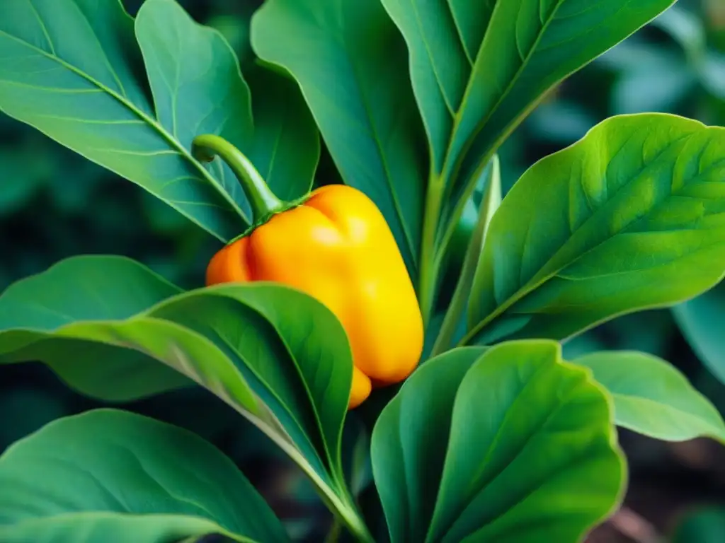 Un majestuoso ají amarillo en plena floración, resaltando su vibrante color amarillo entre hojas verdes exuberantes