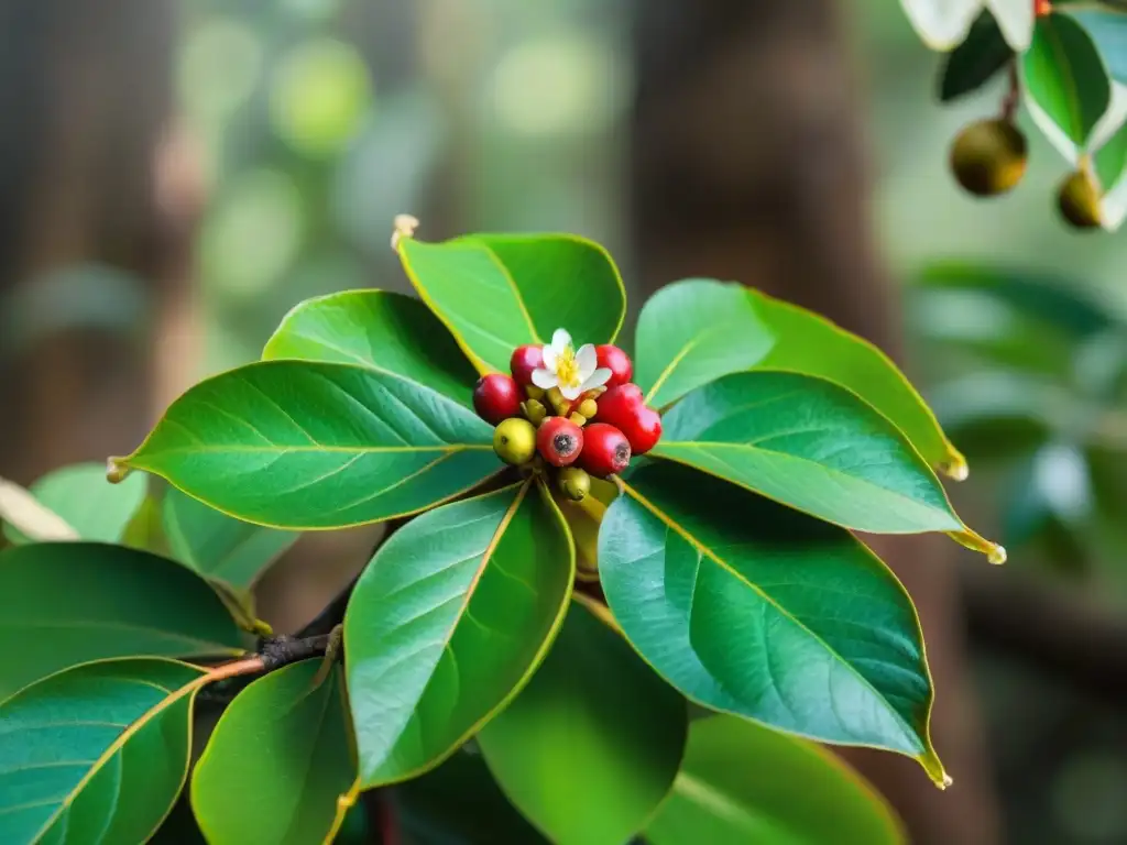 Un majestuoso árbol de camu camu en la selva amazónica resalta sus frutos rojos y hojas verdes, mostrando las propiedades antioxidantes del camu camu