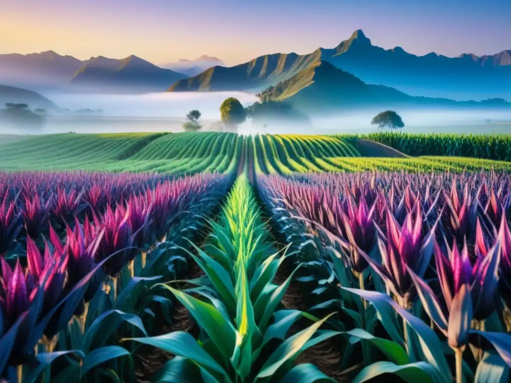 Un majestuoso campo de maíz morado al amanecer, con plantas altas y brillantes bajo un cielo azul