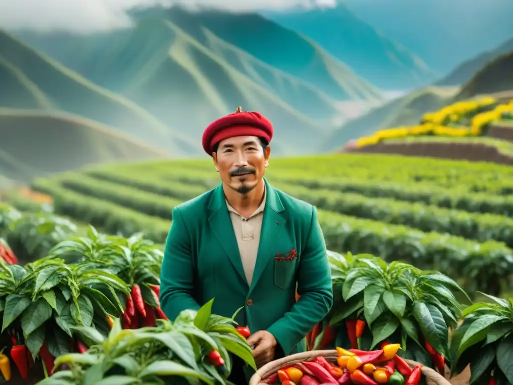 Un majestuoso cultivo de ajíes peruanos en un paisaje andino, resplandeciendo bajo el sol