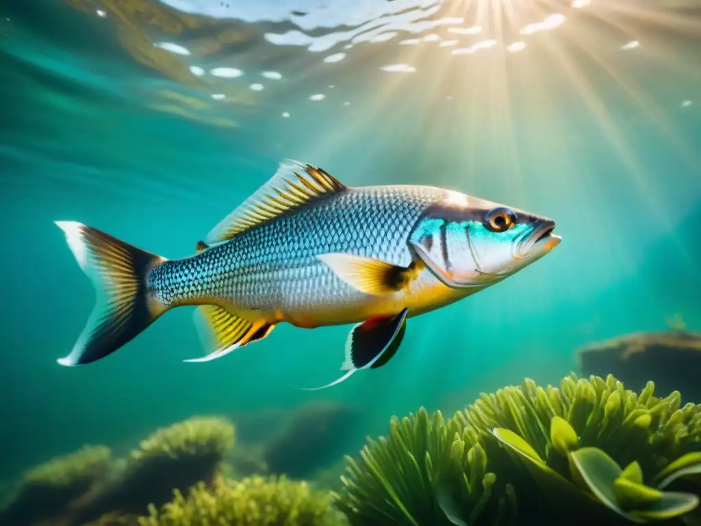 Un majestuoso paiche nadando en aguas del Amazonas, destaca sus escamas iridiscentes