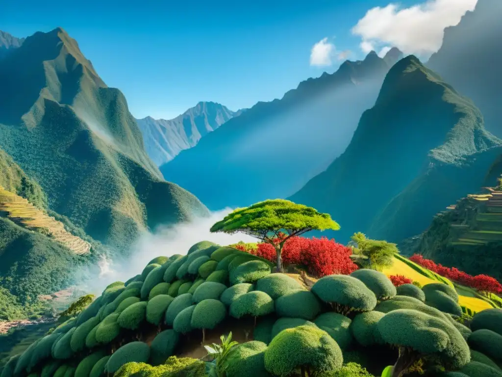 Majestuoso paisaje peruano con el icónico árbol molle en primer plano, sus hojas verdes y bayas rojas destacando entre los Andes