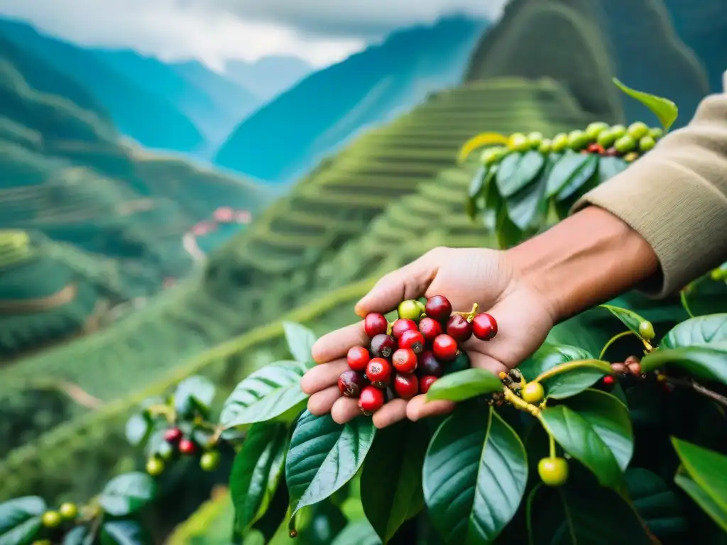 Mano recogiendo cerezas de café en plantación peruana, con los Andes al fondo