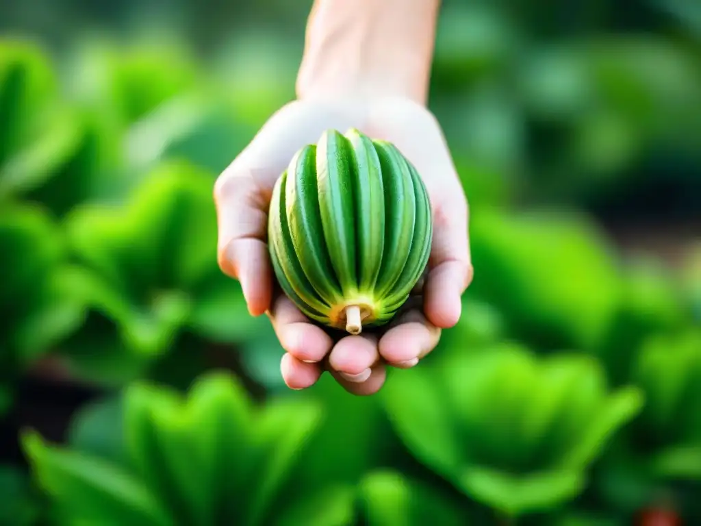 Mano sostiene caigua fresca, resaltando su color verde y textura brillante en un jardín exuberante