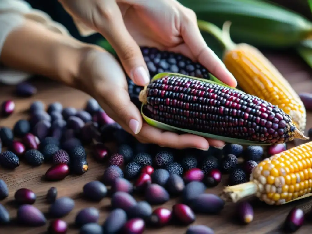 Mano seleccionando granos de maíz morado vibrante para recetas con chicha morada casera