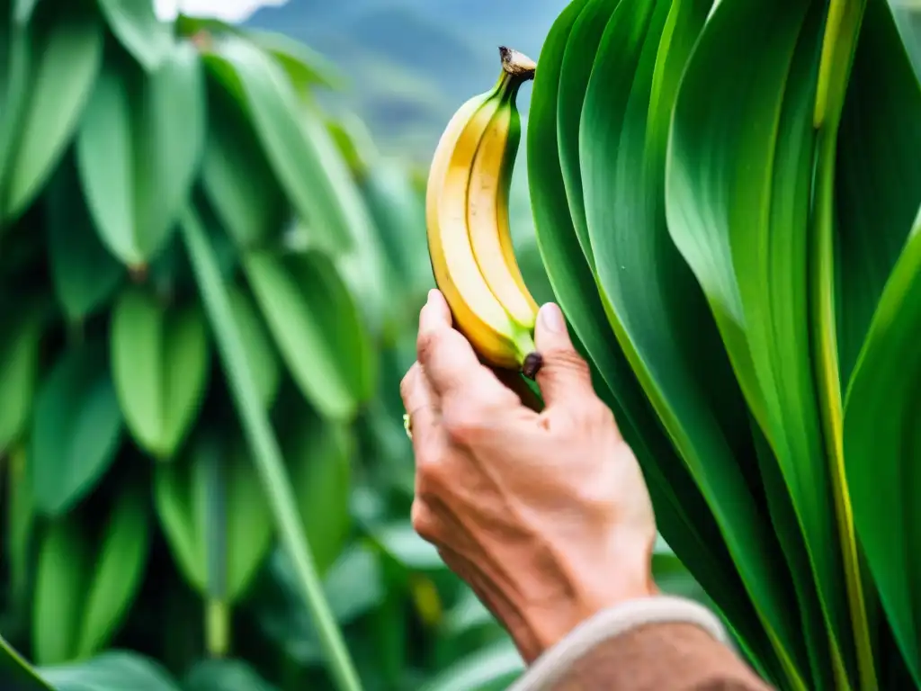 Mano recogiendo plátano verde peruano en plantación vibrante, transmitiendo cuidado y conexión con la tierra