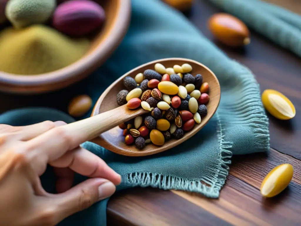 Mano colocando semillas de tarwi en cuchara de madera, resaltando beneficios nutricionales del tarwi