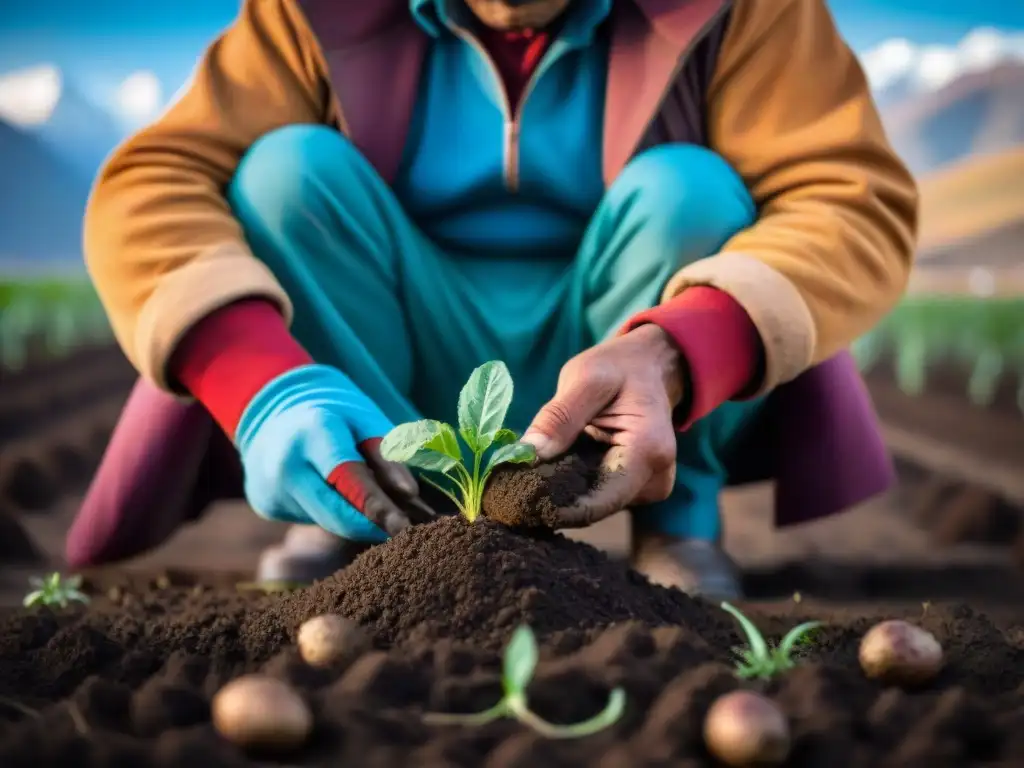 Manos de agricultor andino plantando papas nativas en la tierra, con los Andes de fondo y cielo azul