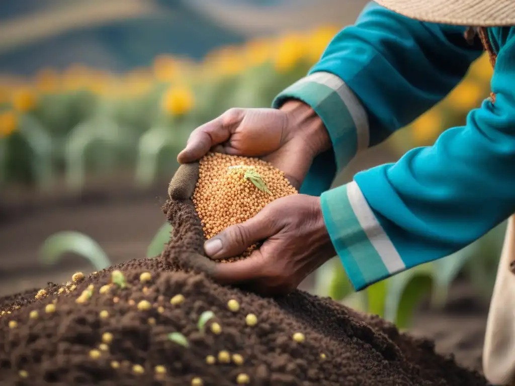 Manos de agricultor andino sembrando quinua en tierra fértil, conectando con la tierra