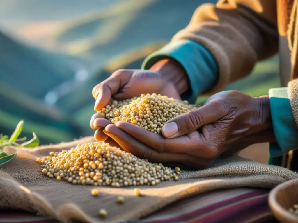 Manos del agricultor inspeccionando granos de quinua peruana, resaltando su belleza natural y beneficios saludables