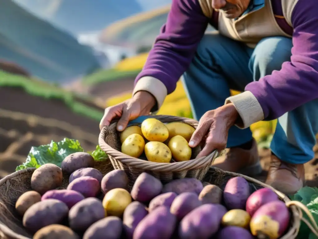 Manos de agricultor seleccionando papas andinas en cesta de cosecha, resaltando la diversidad y belleza