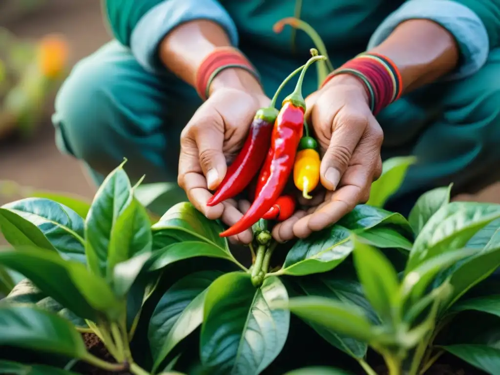 Las manos del agricultor peruano recogen ajíes rojos en su planta, iluminadas por el sol