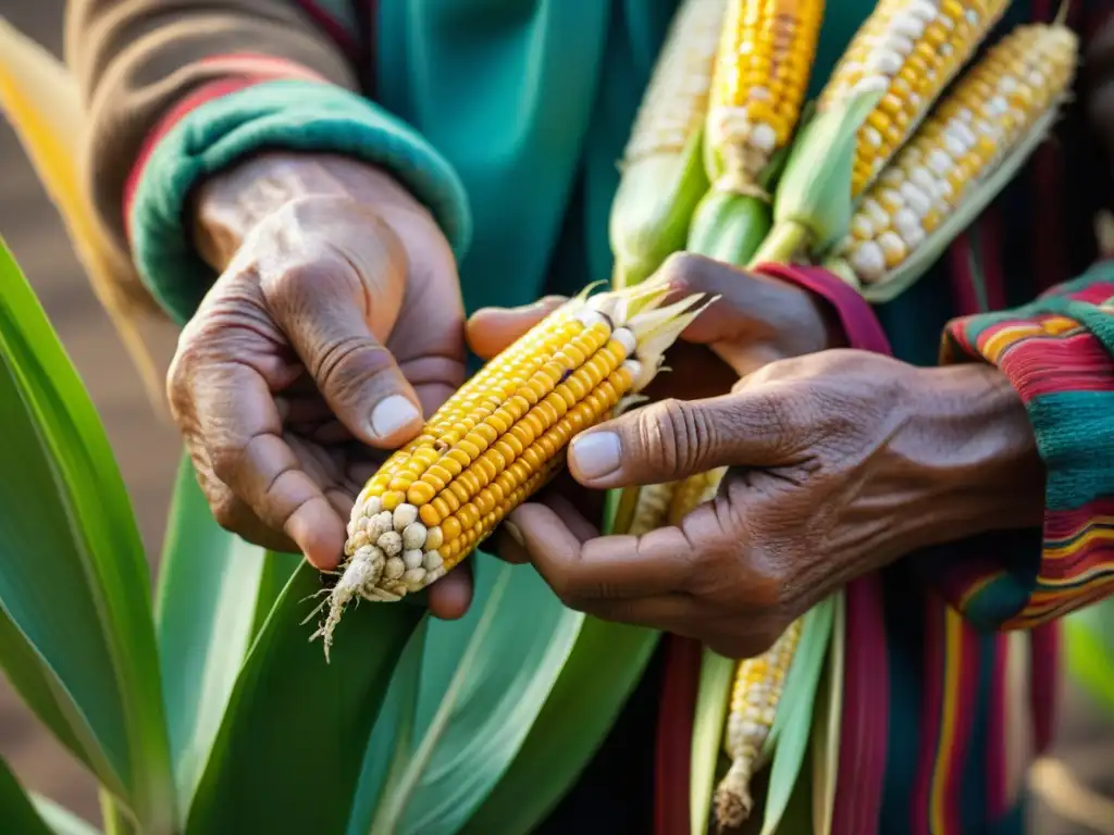 Manos del agricultor peruano sosteniendo maíz ancestral, reflejo de cultura y tradición en el cultivo ancestral maíz peruano