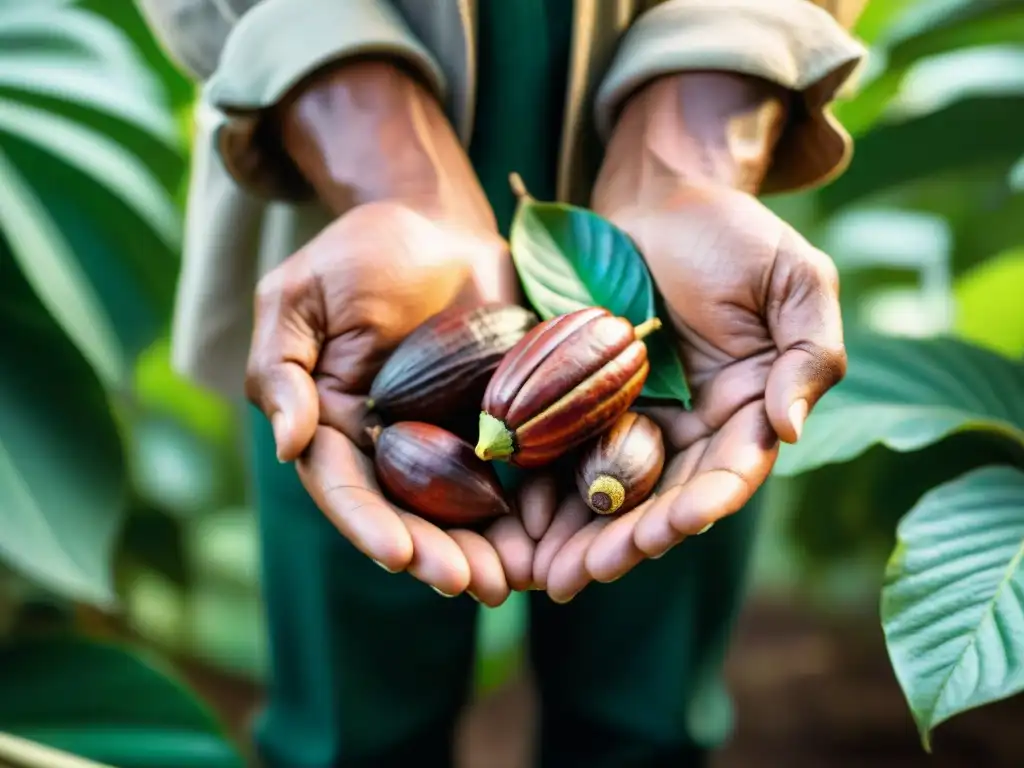 Manos del agricultor peruano de cacao sostenible sosteniendo un fruto maduro, en una plantación luminosa