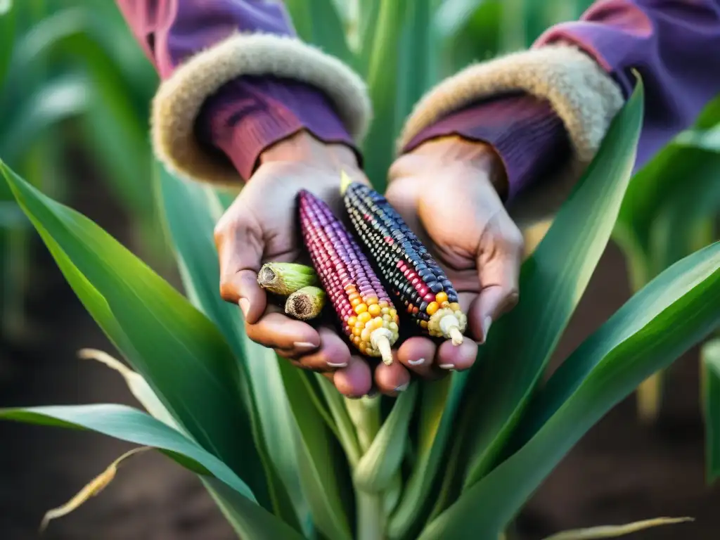 Manos de un agricultor peruano sostienen un maíz morado, resaltando la conexión con la tierra y los beneficios antioxidantes del maíz morado