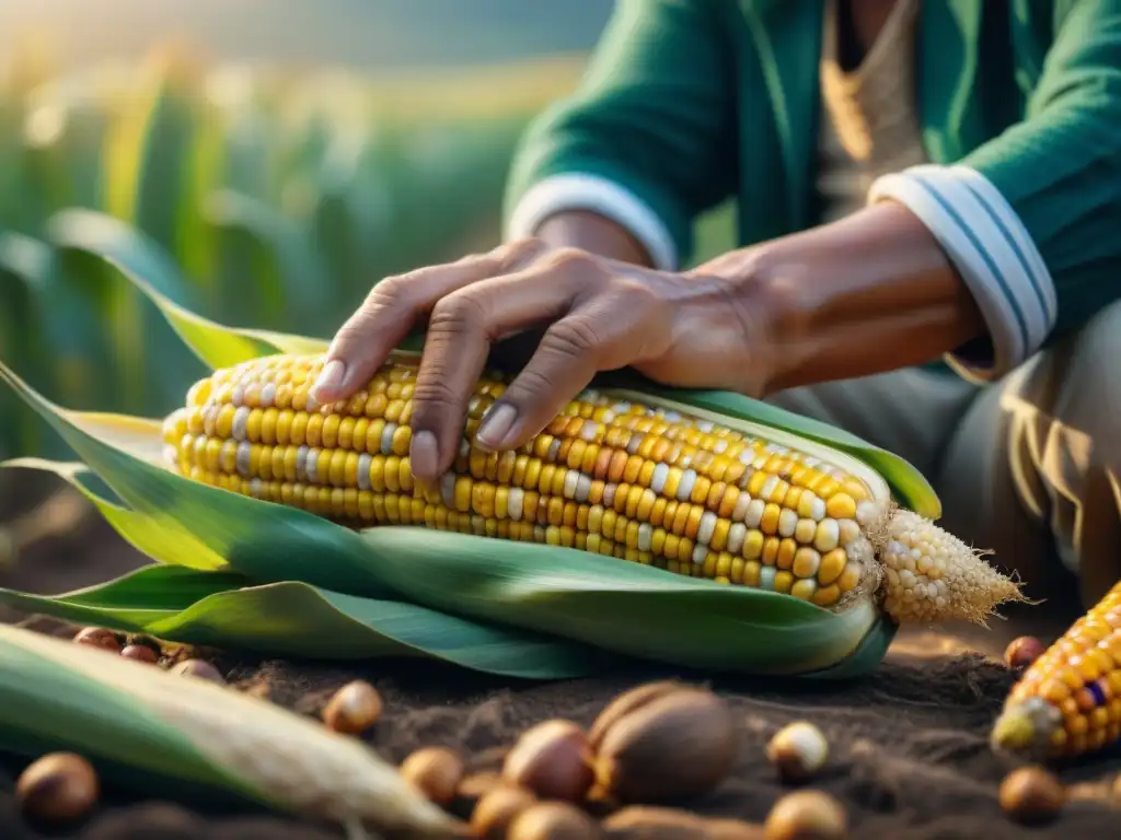 Manos de agricultor peruano sostienen mazorca de maíz peruano, mostrando preservación semillas nativas Perú