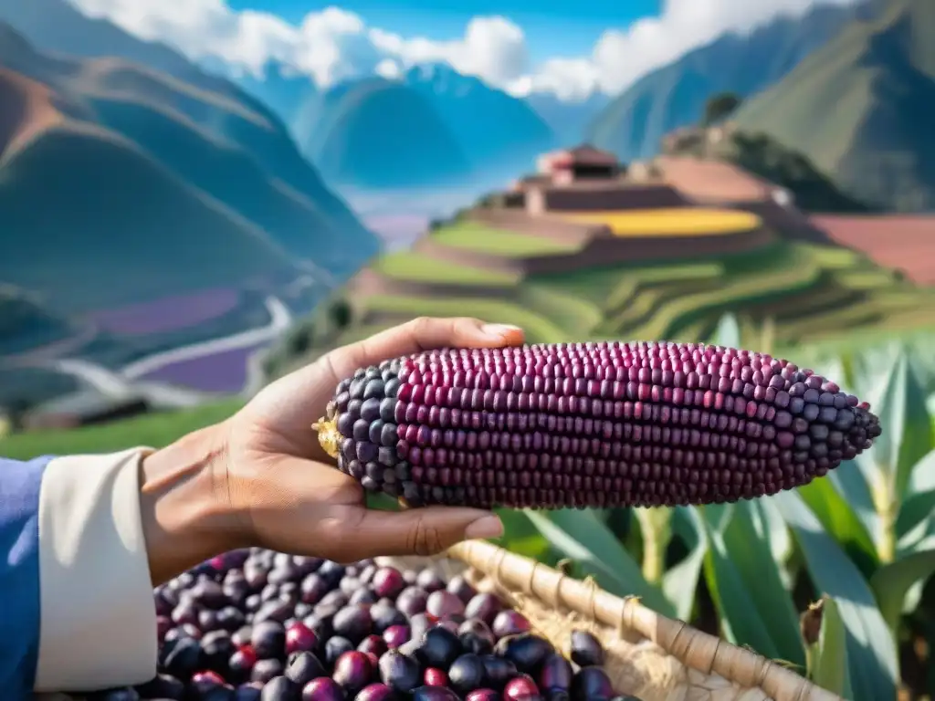 Recolección de maíz morado en los Andes: tradición y cultura peruana Manos del agricultor peruano cosechando maíz morado en los Andes