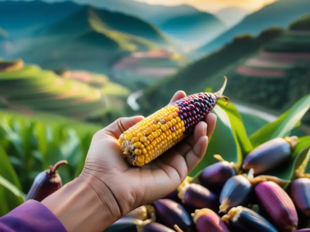 Manos de agricultor peruano sostienen maíz morado recién cosechado en campos andinos