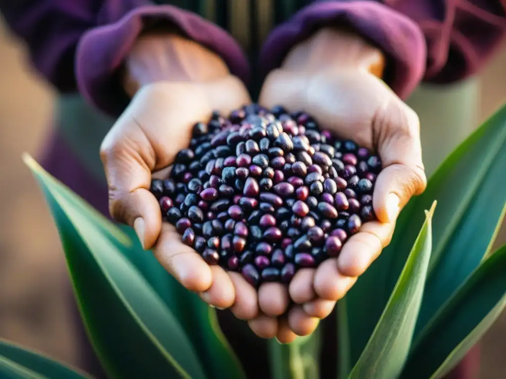 Manos del agricultor peruano sosteniendo maíz morado, destacando la importancia del maíz morado en Perú