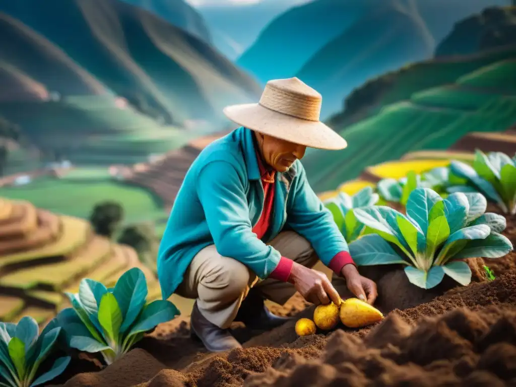 Manos del agricultor peruano cosechando ollucos en la montaña, reflejando la conservación del olluco autóctono