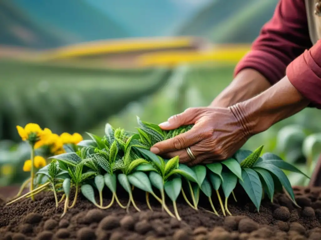 Manos de agricultor peruano preservando semillas nativas en campo biodiverso