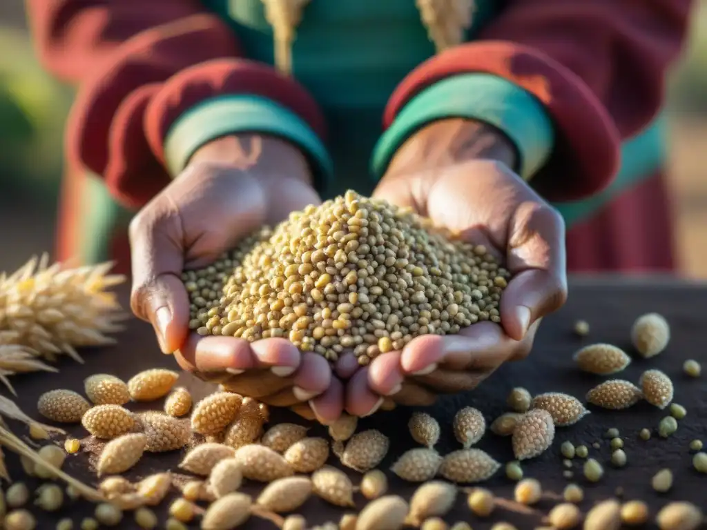 Manos de agricultor peruano sostienen semillas de quinua recién cosechadas, simbolizando tradición y beneficios con quinua