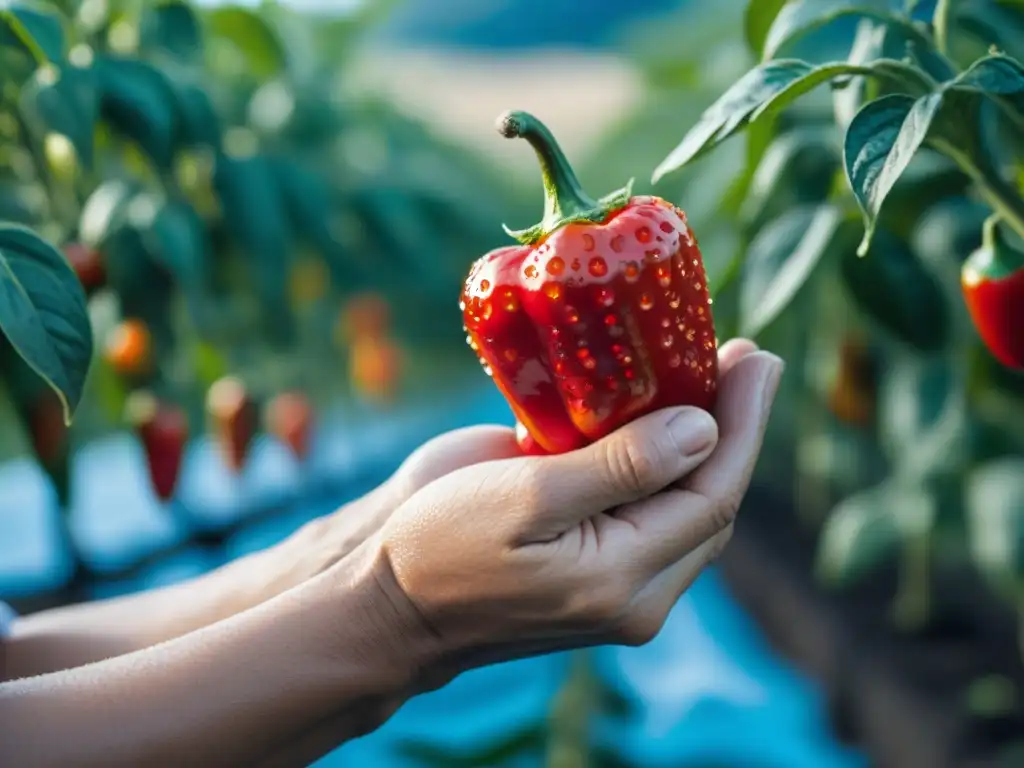 Manos de un agricultor sostienen un rocoto rojo vibrante con gotas de agua, en un campo de rocotos verdes bajo el cielo azul