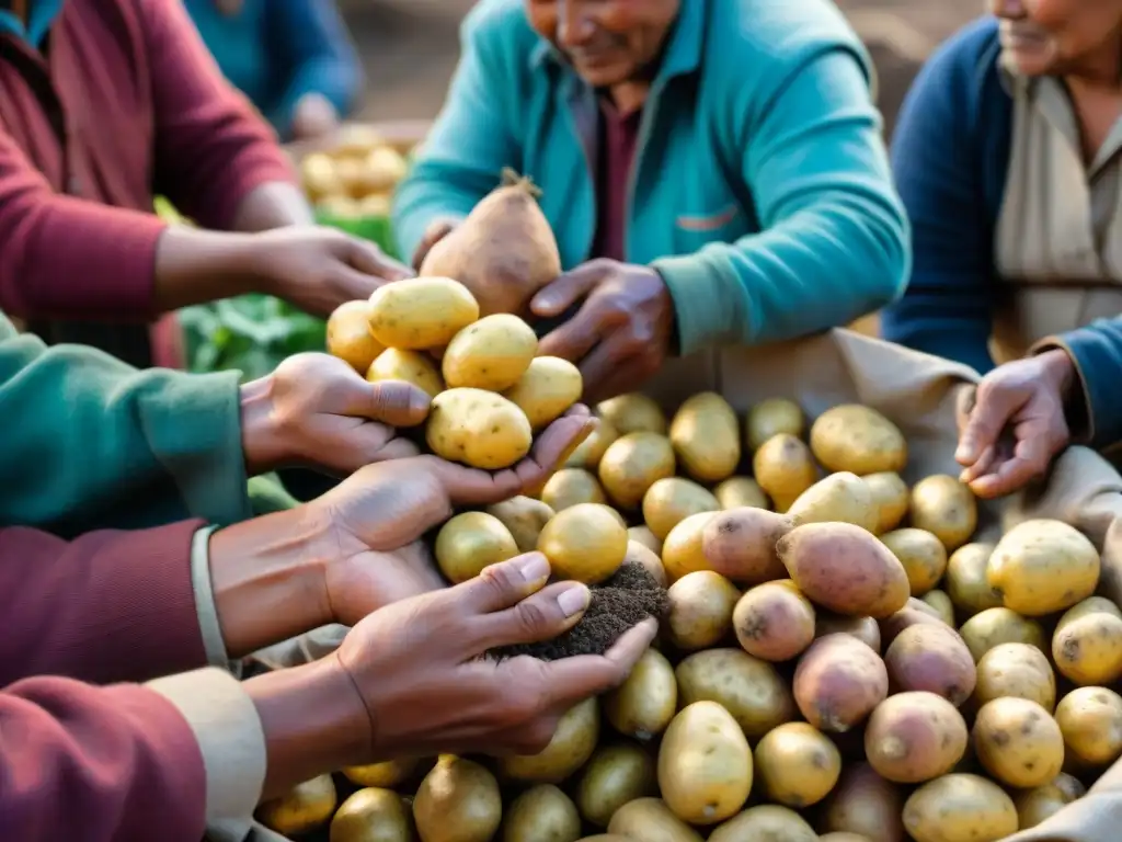 Manos de agricultores indígenas seleccionando papas andinas en un mercado andino, transmitiendo autenticidad cultural y tradición agrícola