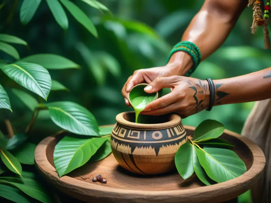 Las manos del chamán amazónico preparan la infusión de Planta medicinal Uña de Gato en un mortero de madera, resaltando su conexión con la naturaleza