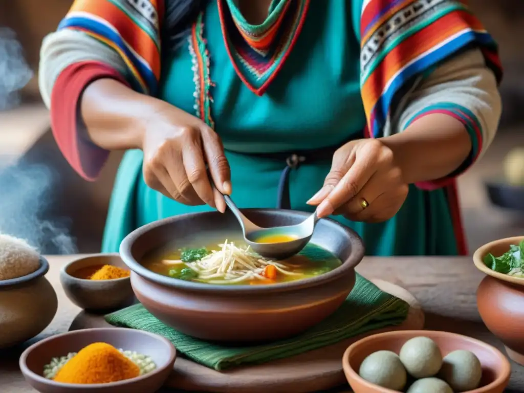 Manos ancestrales en los Andes elaborando la sopa ancestral Saralawa con cuidado y precisión