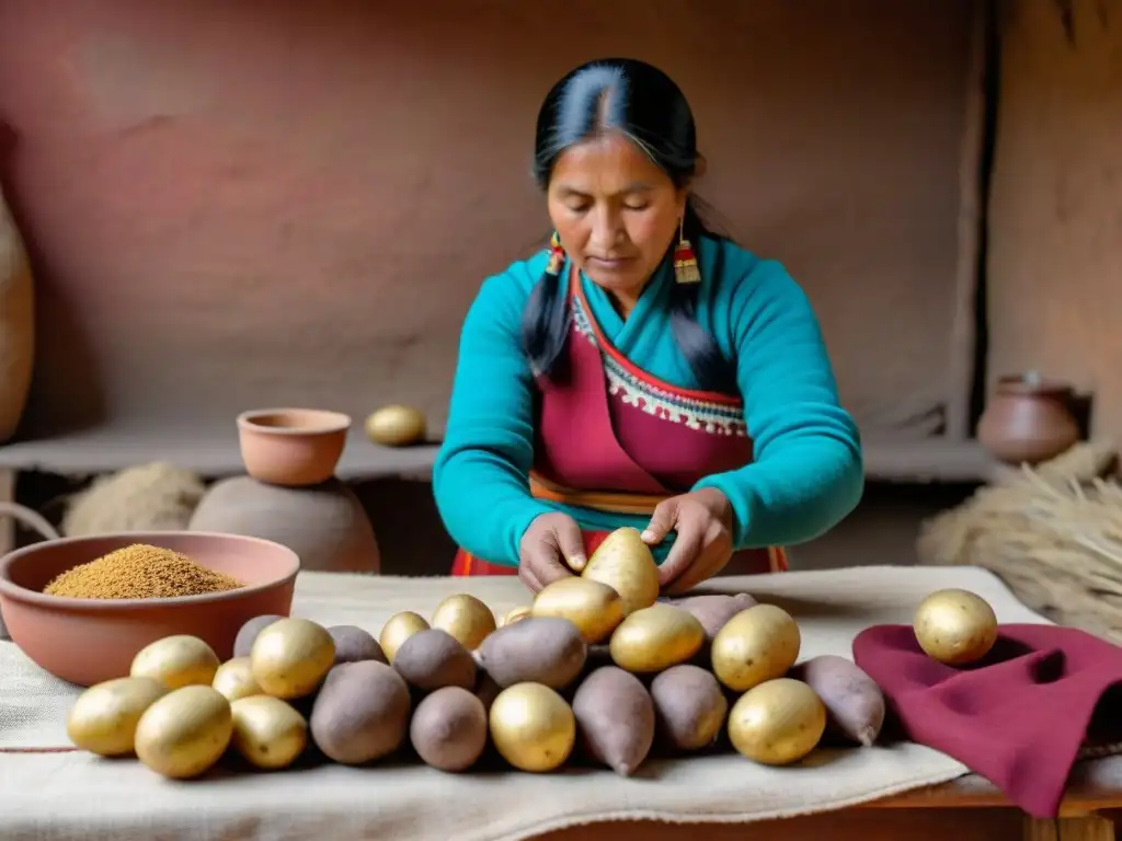 Manos andinas envuelven papas en lliclla, conservación alimentos andinos lliclla, tradición y color