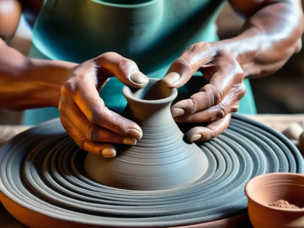 Las manos del artesano moldean con destreza un utensilio de cocina precolombino, resaltando la importancia de su uso actual