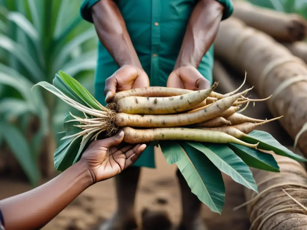 Las manos del campesino sostienen con cuidado una yuca recién cosechada, resaltando la conexión entre la tierra y los alimentos