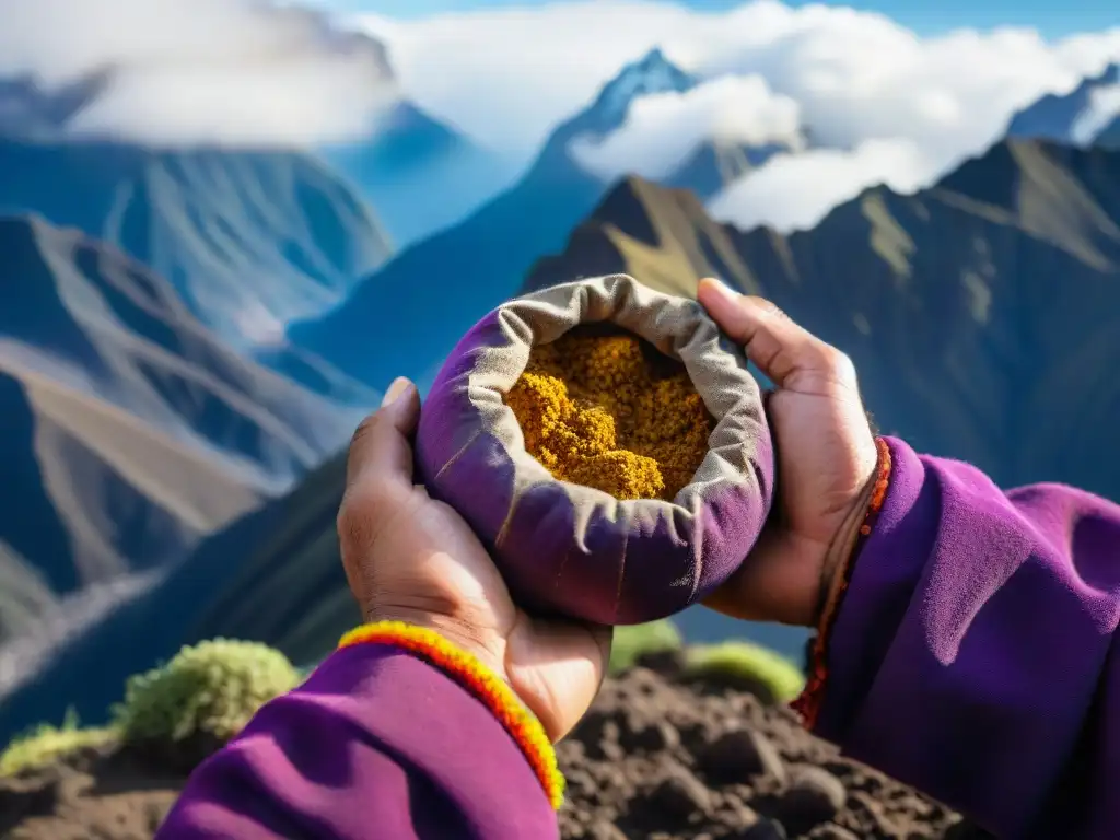 Manos de campesino sostienen una mashua morada, resaltando texturas, con picos andinos nevados al fondo