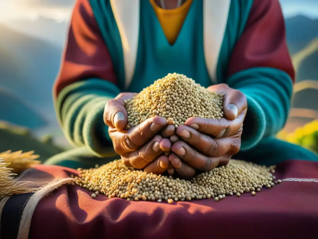 Manos de campesino peruano con semillas ancestrales mostrando tradición y conexión con la gastronomía peruana