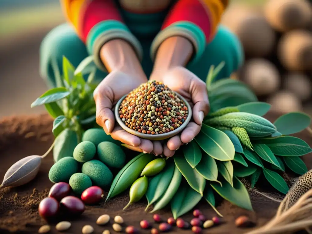 Las manos del campesino sostienen semillas nativas peruanas, destacando la diversidad y riqueza de la gastronomía peruana