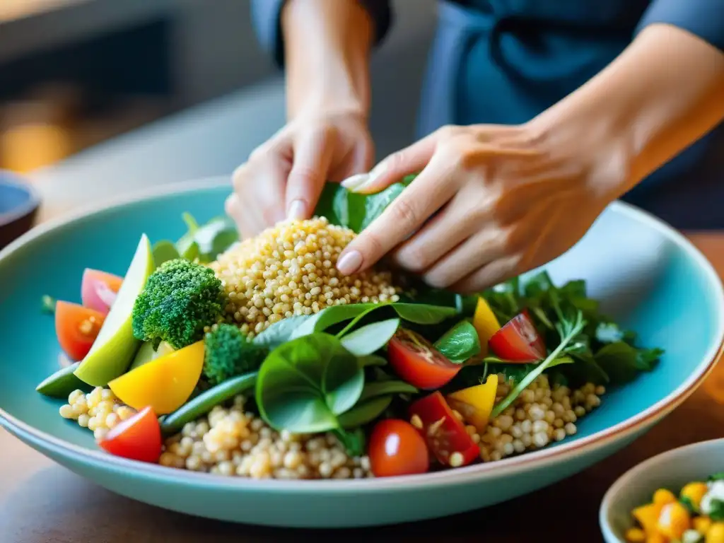 Las manos de un chef esparciendo tarwi sobre una colorida ensalada