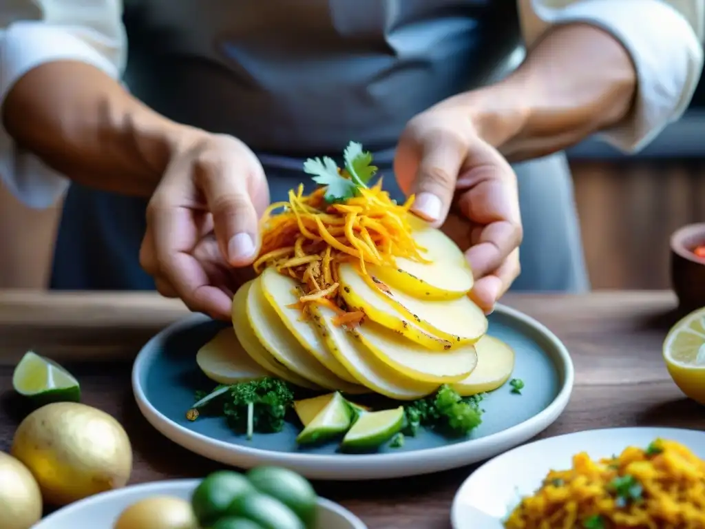 Manos de chef peruano preparando Causa Limeña receta auténtica con papas doradas, ají amarillo y pollo jugoso