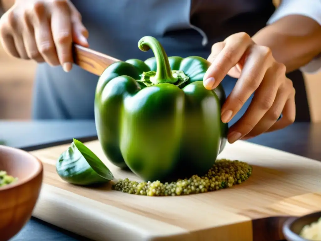 Manos de chef enrollando un pimiento relleno de quinua, en una clase de cocina con quinua