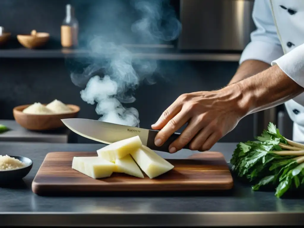 Las manos del chef cortando una yuca fresca en una cocina moderna