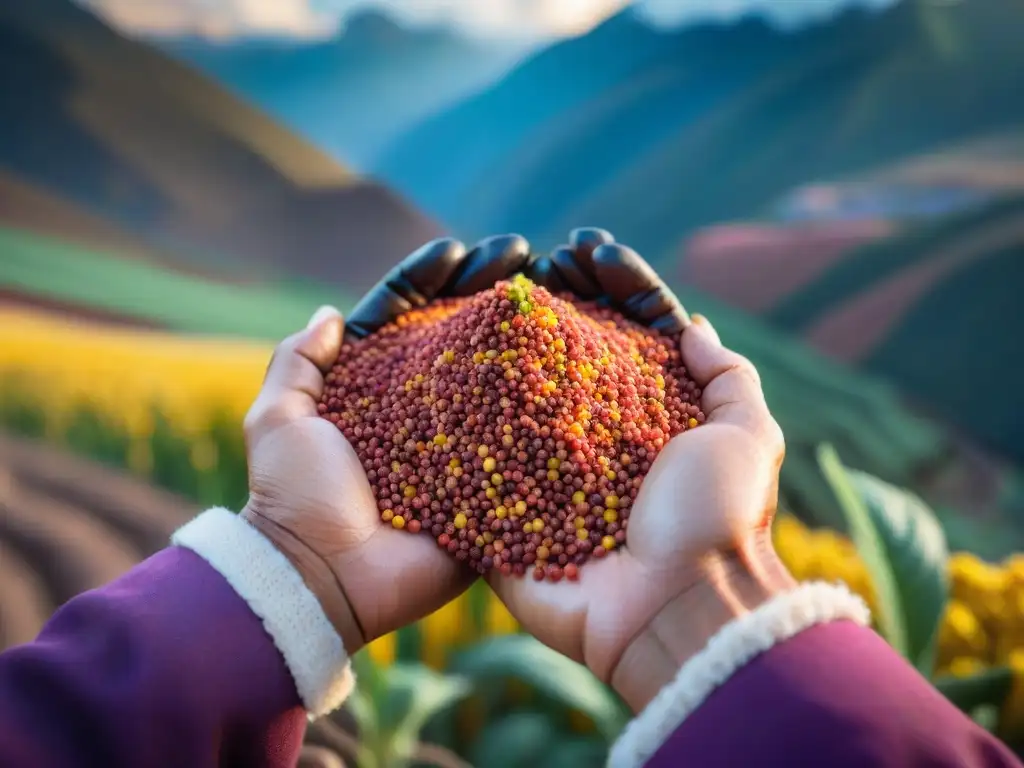 Las manos curtidas de un agricultor peruano sostienen granos de quinua vibrantes frente a los Andes