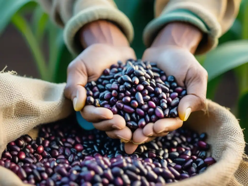 Las manos curtidas de un agricultor peruano sostienen granos de maíz morado, destacando la importancia del maíz morado en Perú