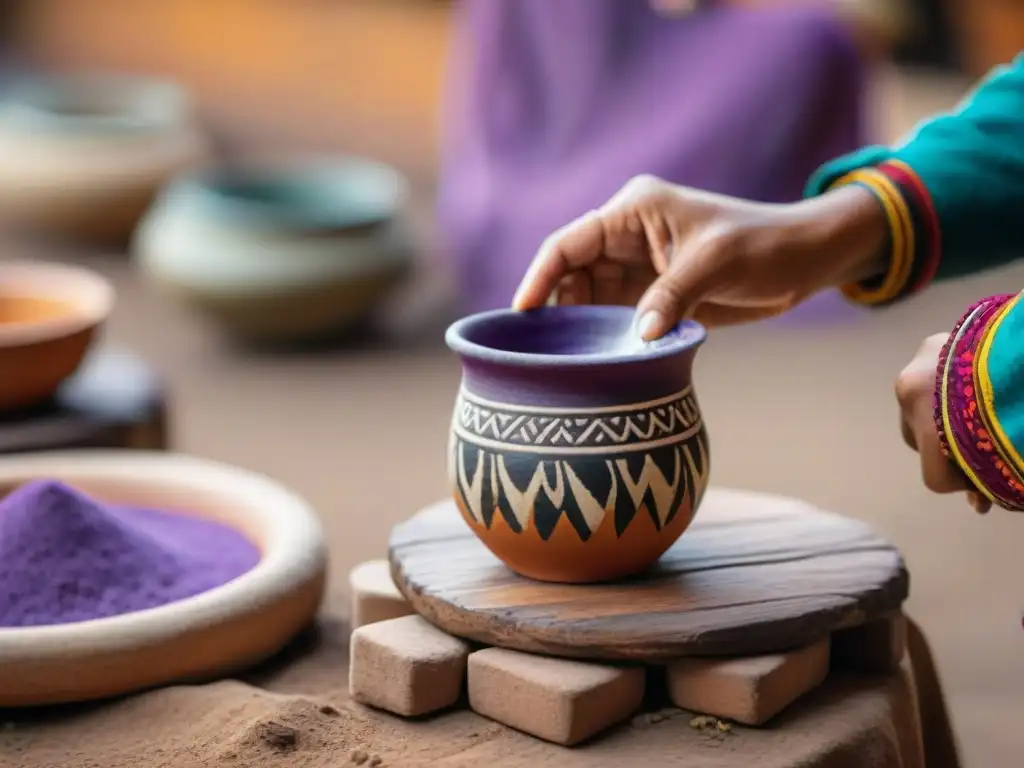 Las manos curtidas de una mujer andina vierten con cuidado una bebida morada en una taza de arcilla, en un mercado bullicioso