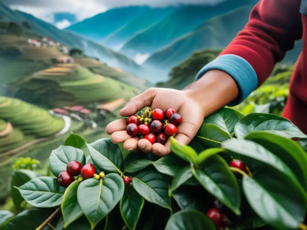 Manos expertas recolectando café en los Andes, resaltando la conexión con la tierra y los beneficios del café peruano superalimento