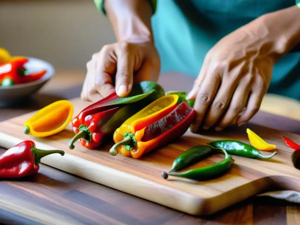 Manos expertas de chef peruano cortando ajíes rojos y amarillos en tabla de madera, resaltando la importancia de los ajíes peruanos